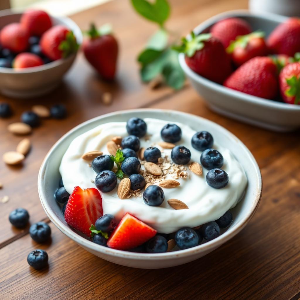 Desayuno saludable con yogur y frutas