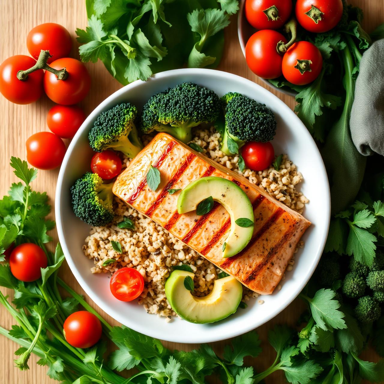 Plato saludable con salmón, quinoa y vegetales